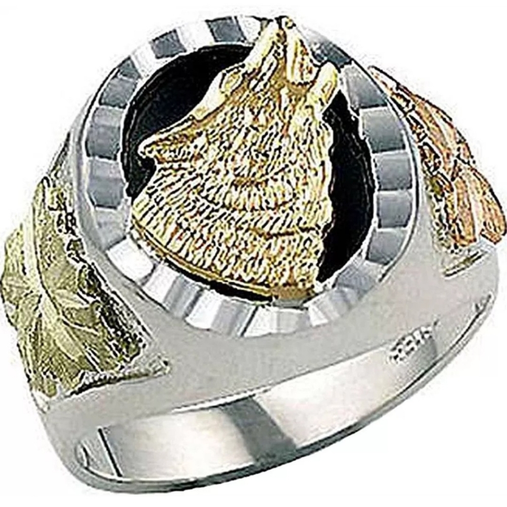 Men's Silver Onyx Wolf With 10K Black Gold.